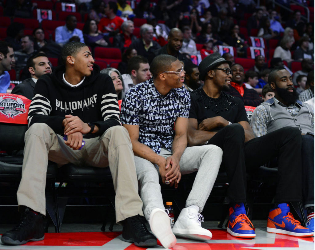 Anthony Davis wearing Nike Air Foamposite One Stealth; Russell Westbrook wearing Balenciaga Cotes High; Kevin Durant wearing Air Jordan Retro I 1 High OG Knicks
