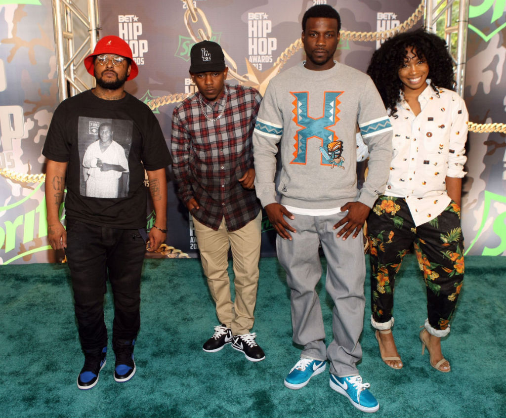 Schoolboy Q wearing Air Jordan 1 I Retro Royal; Kendrick Lamar wearing Nike Cortez; Jay Rock wearing Nike Air Force 1 Lush Teal