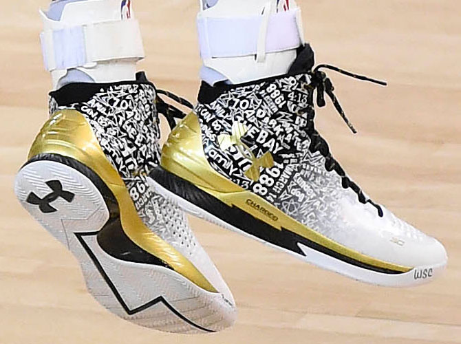 Stephen Curry sports his latest shoes during Game 1 of the NBA 