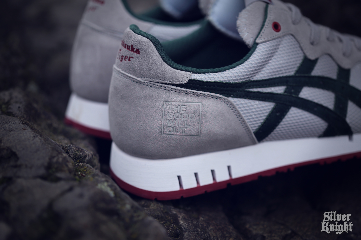 The Good Will Out x Onitsuka Tiger X-Caliber Silver Knight logo detail