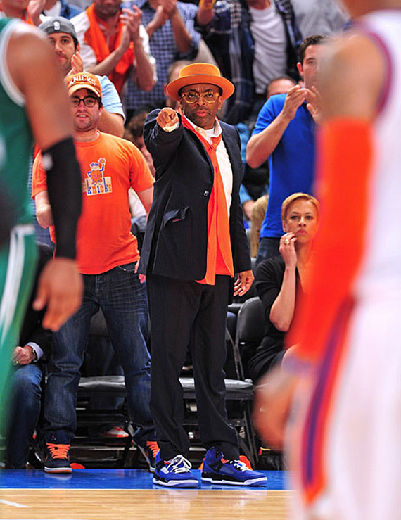 Spike Lee wearing Blue Knicks Jordan Spiz'ike Against Celtics