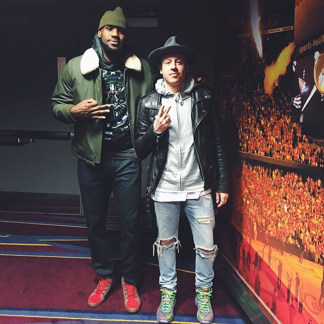 LeBron James wearing Nike LeBron 12 Lifestyle Brown/Red; Macklemore wearing Nike LeBron XII 12 Trillion Dollar Man