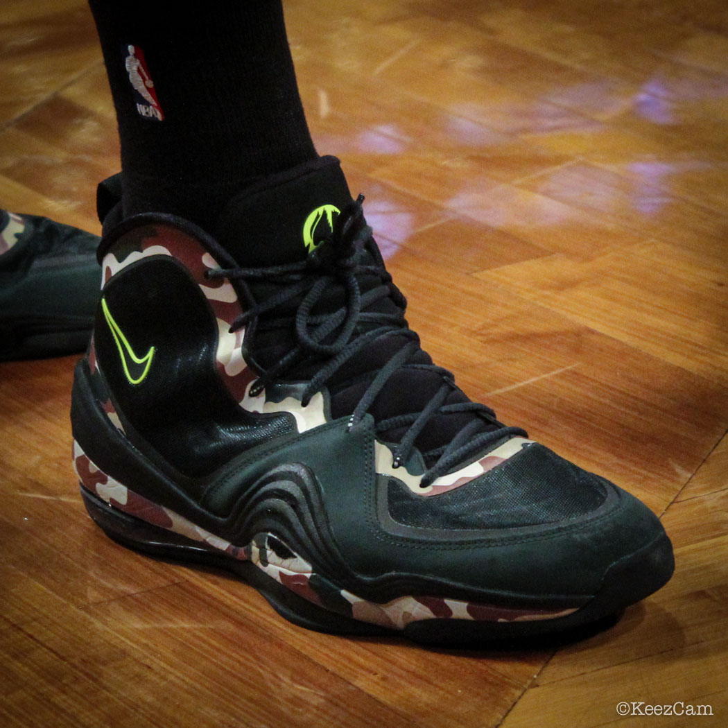 Thaddeus Young wearing Nike Air Penny 5 Camo
