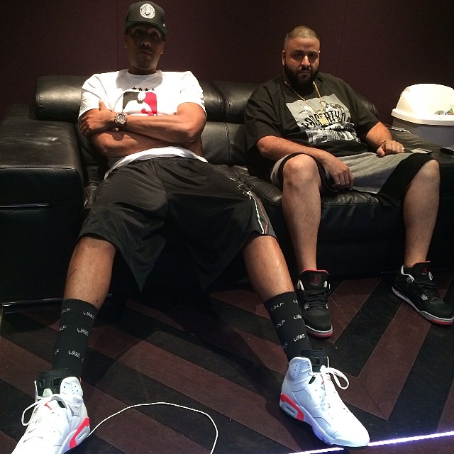 DJ Khaled wearing Air Jordan IV 4 Bred; Dre wearing Air Jordan VI 6 White/Infrared
