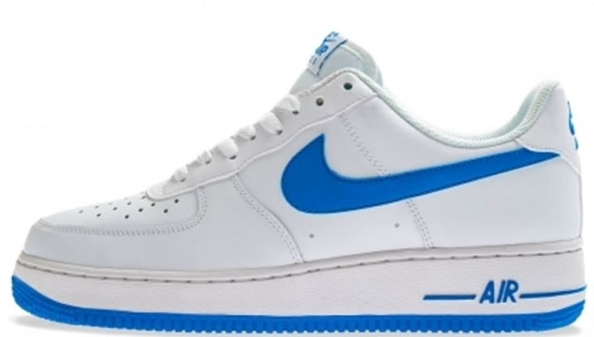 white air force ones with blue bottom