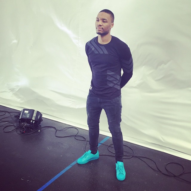 Dame Lillard wearing the adidas Superstar Supercolor Teal