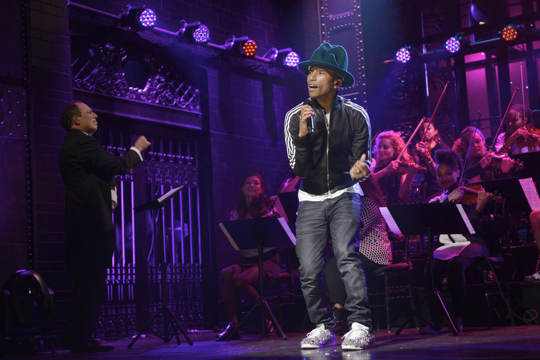 Pharrell SNL performance in adidas Stan Smith Swarovski custom