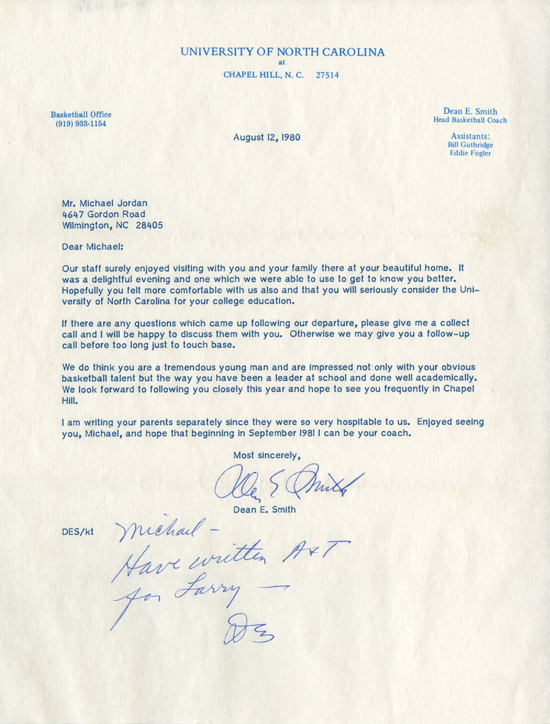 Michael Jordan Recruiting Letter from Dean Smith