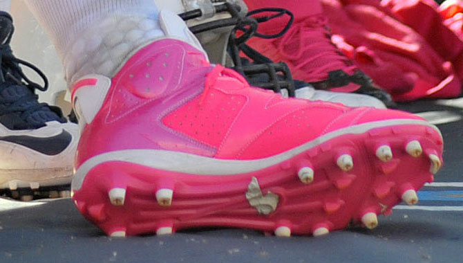 Dwight Freeney wearing Air Jordan VI 6 Breast Cancer Awareness Pink Cleats (2)