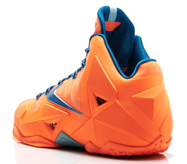 Nike LeBron 11 in Atomic Orange Green Abyss and Glacier Ice heel