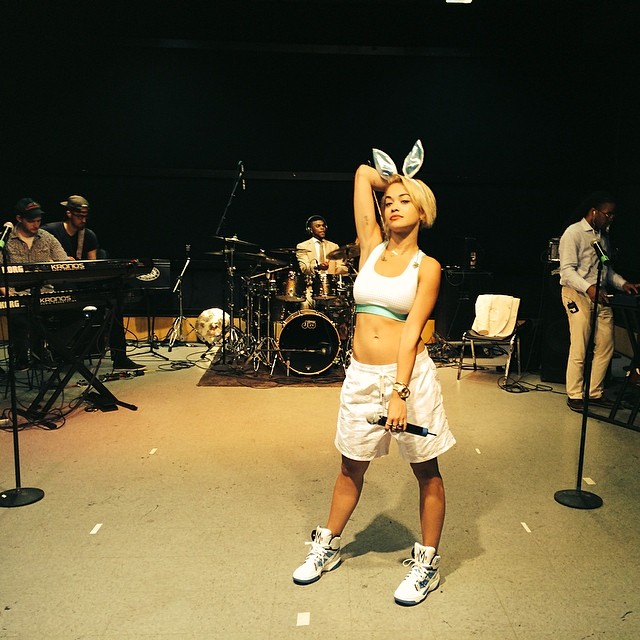 Rita Ora wearing adidas Mutombo