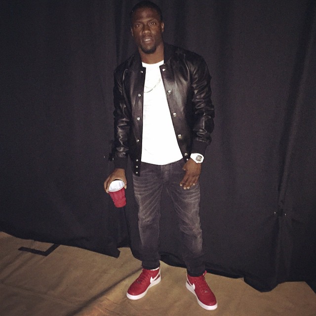 Kevin Hart wearing Supreme x Nike Air Force 1 High Red