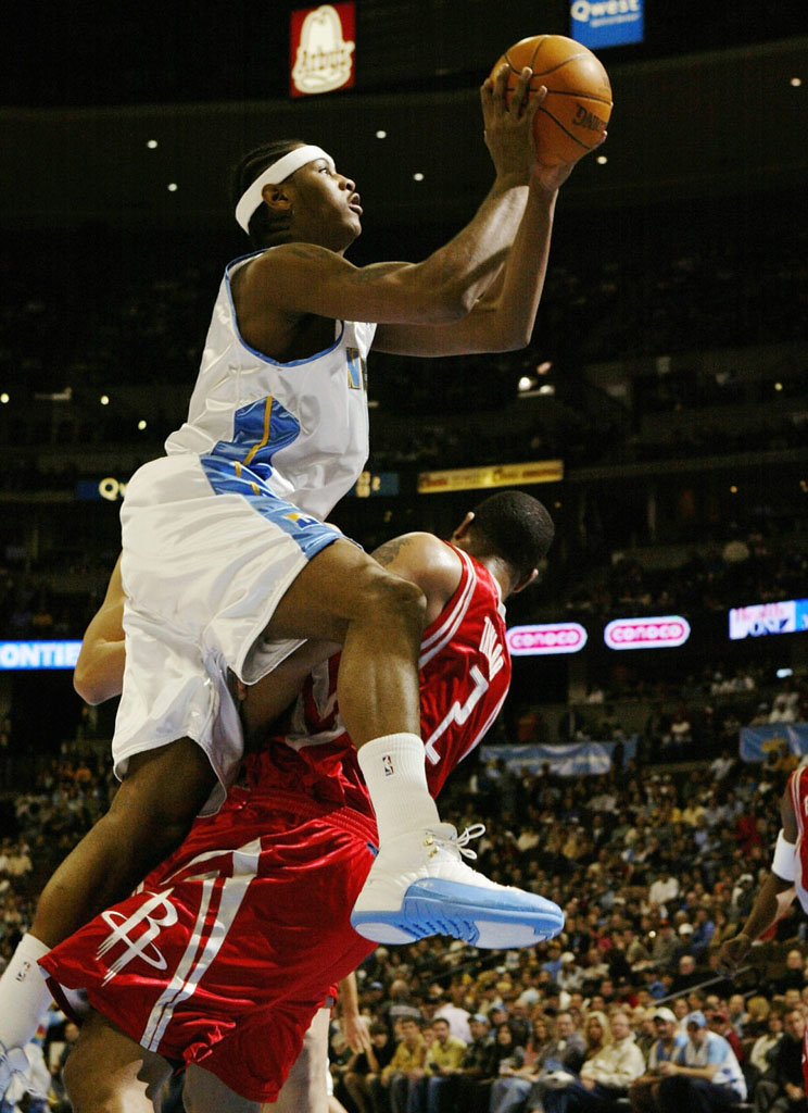 Carmelo Anthony wearing Air Jordan 12 Nuggets Home PE (1)