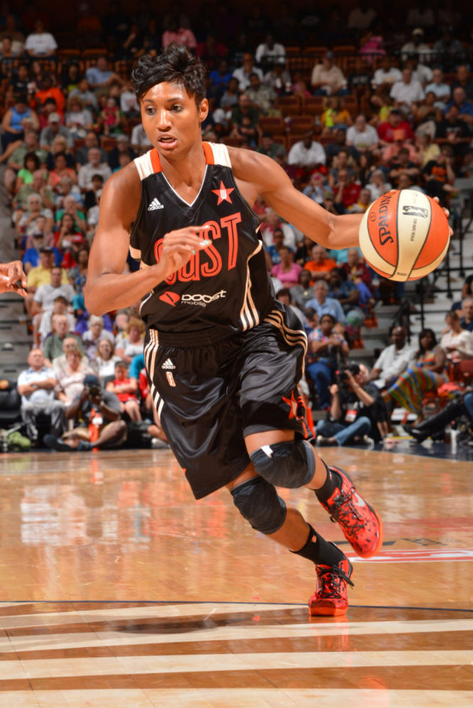 Angel McCoughtry wearing Nike Kobe 8 System Challenge Red