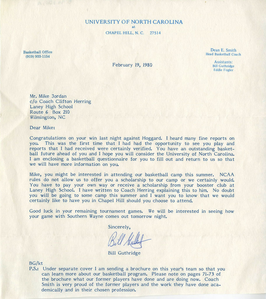 Michael Jordan Recruiting Letter from Bill Guthridge