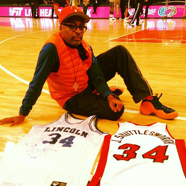 Spike Lee wearing Nike Air Foamposite One Knicks