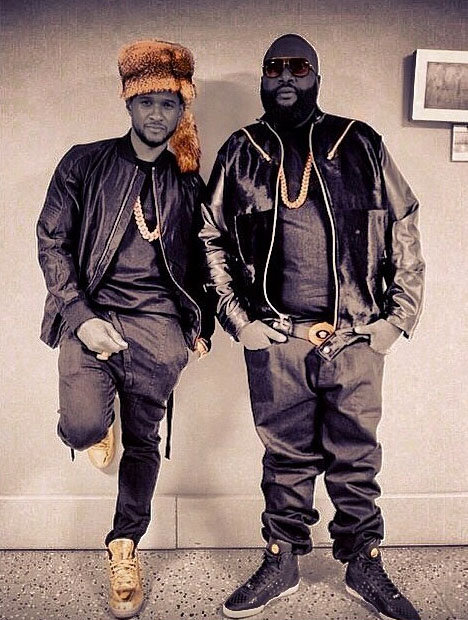 Usher wearing Air Jordan III 3 Gold; Rick Ross wearing Versace