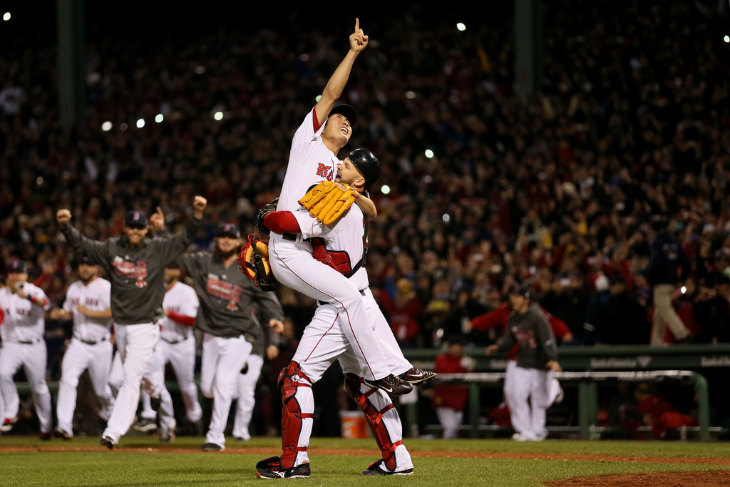 David Ross and Koji Uehara embrace after the final out of the 2013 World Series