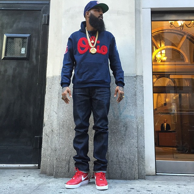 Stalley wearing the Supreme x Nike Air Force 1 High Red