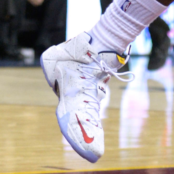 LeBron James wearing Nike LeBron XII 12 White/Red-Navy Speckle PE (5)
