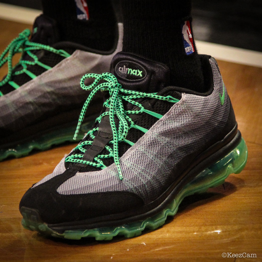 Sole Watch // Up Close At Barclays for Nets vs Bucks - Nick Van Exel wearing Nike Air Max 95 Dynamic Flywire Poison Green