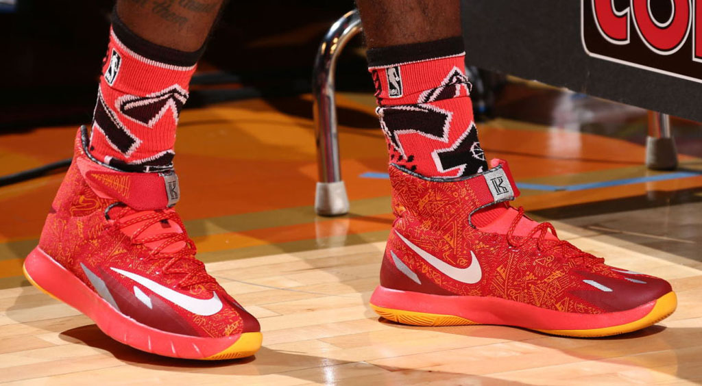 Kyrie Irving wearing Nike Zoom HyperRev Red/Yellow