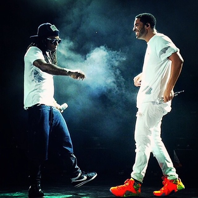 Drake wearing Nike LeBron XII 12 Meridian; Lil' Wayne wearing Nike Cortez