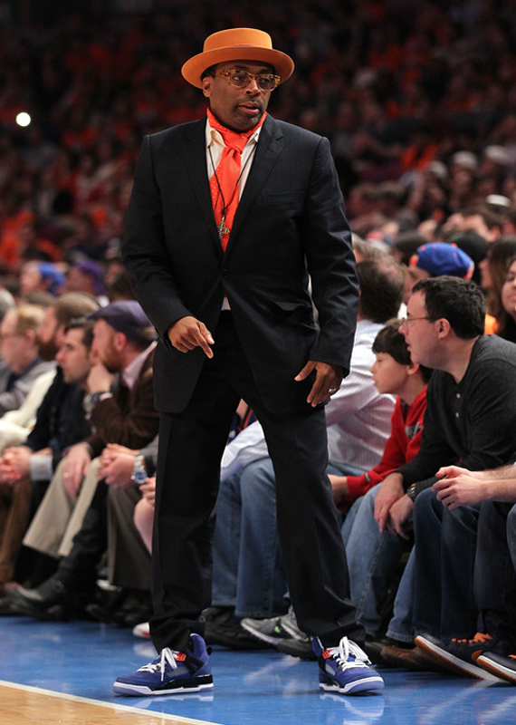 Spike Lee wearing Blue Knicks Jordan Spiz'ike Against Celtics