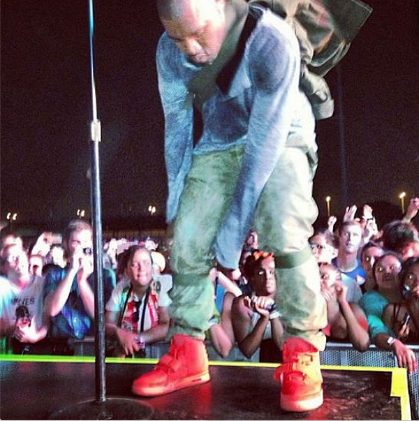 Kanye West wears Nike Air Yeezy 2 All-Red at Governor's Ball (1)