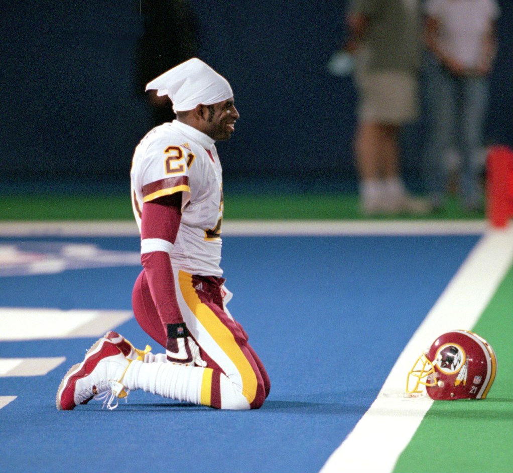 Deion Sanders wearing Air Jordan XI 11 Redskins PE (1)