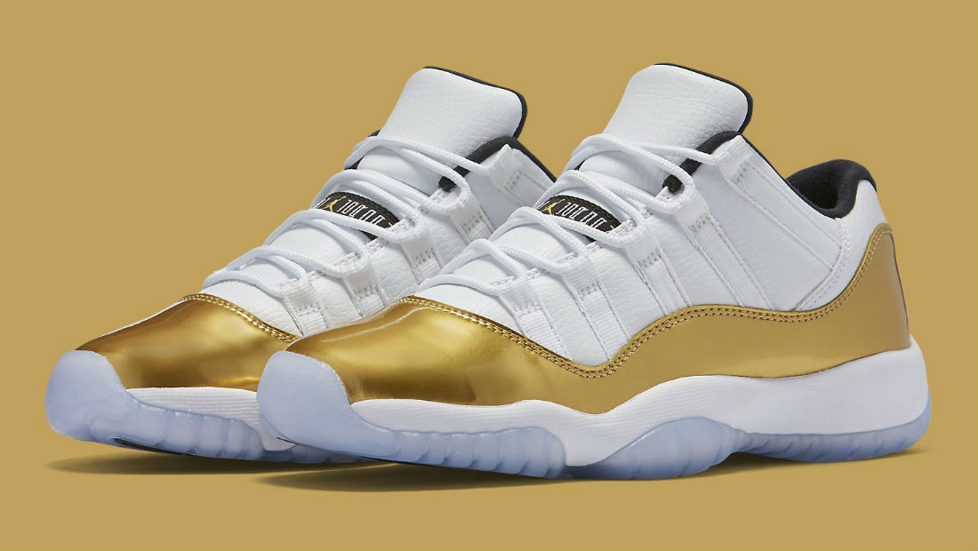 gold and white jordan 11 low