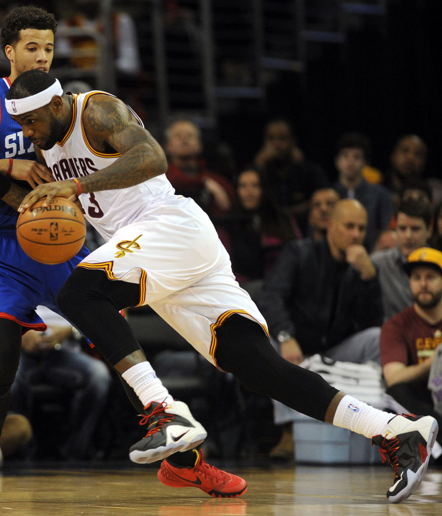 LeBron James wearing Nike LeBron XII 12 White/Black-Red-Yellow PE (2)