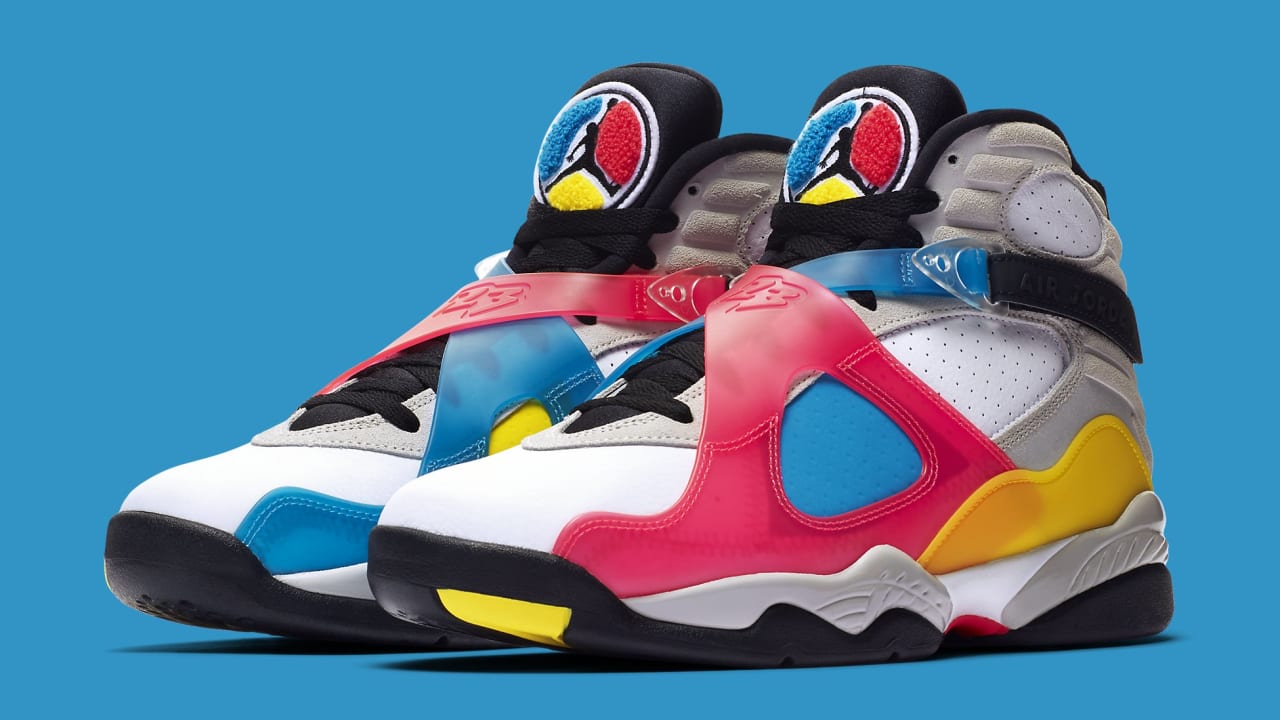 blue pink and yellow jordans