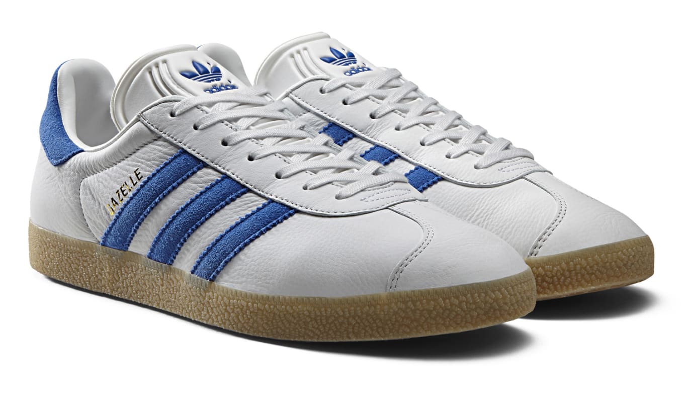 adidas gazelle white leather blue stripe