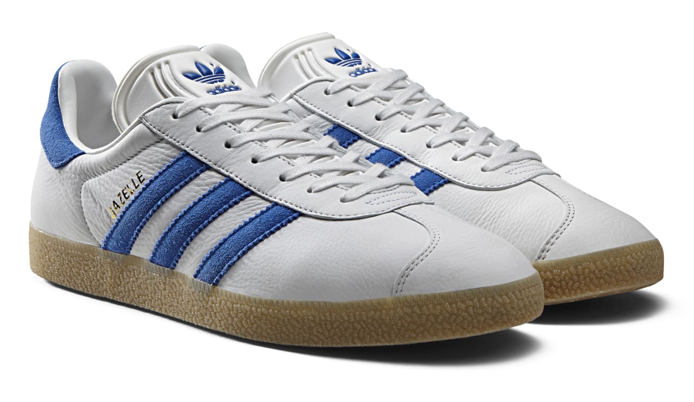 Adidas gazelle white leather blue stripes discount