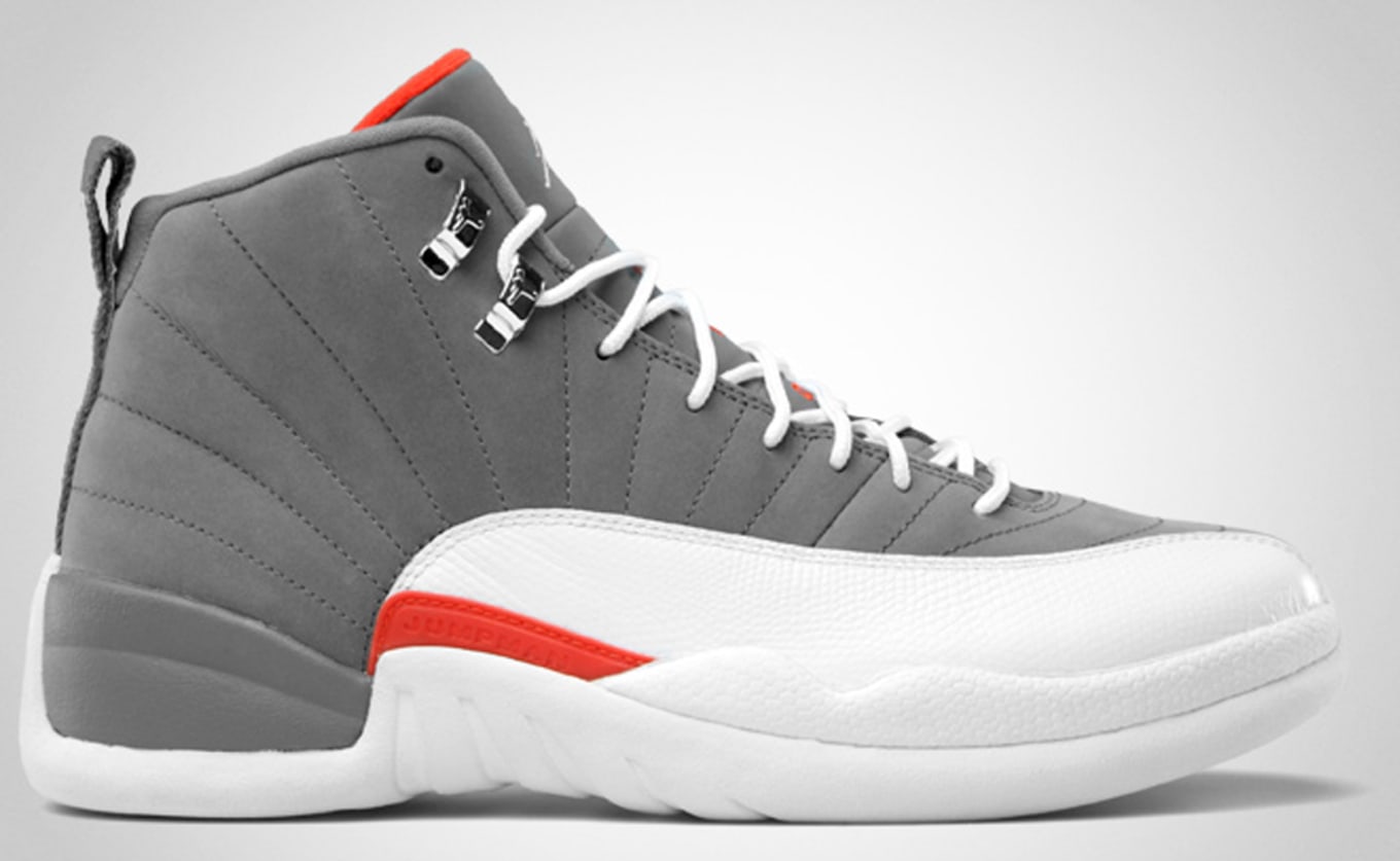 grey and red jordan 12