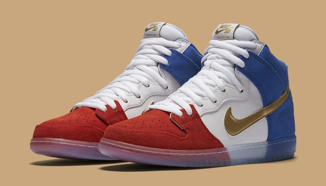 red and blue nike high tops