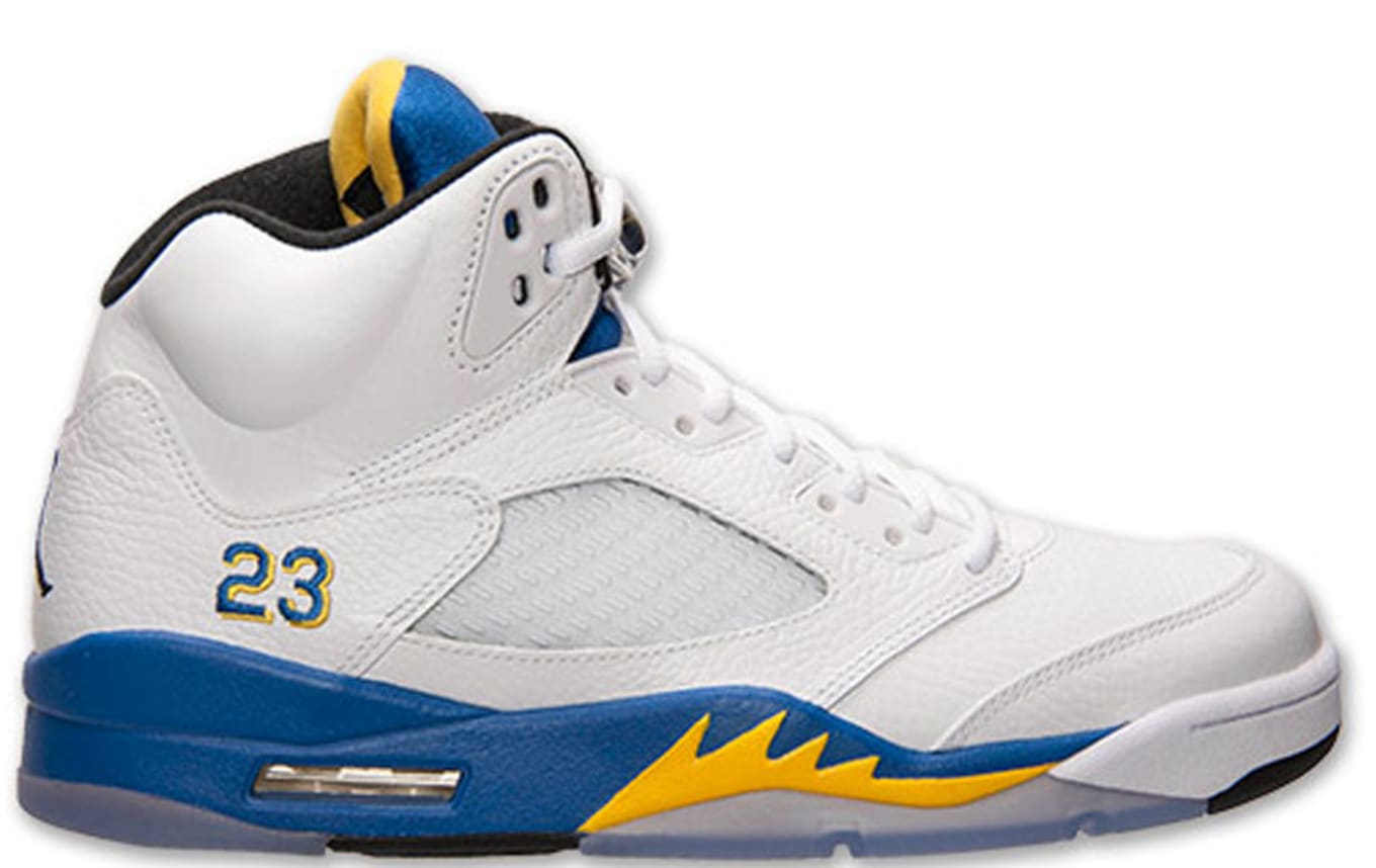 blue and yellow jordans 5