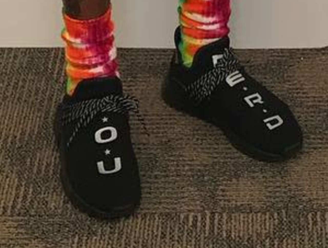 Pharrell Spotted In An N.E.R.D. Colorway Of The Human Race NMD 