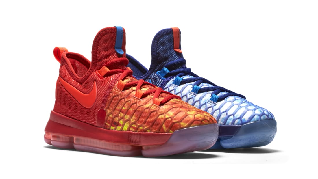 kd 9 red and blue Kevin Durant shoes on 