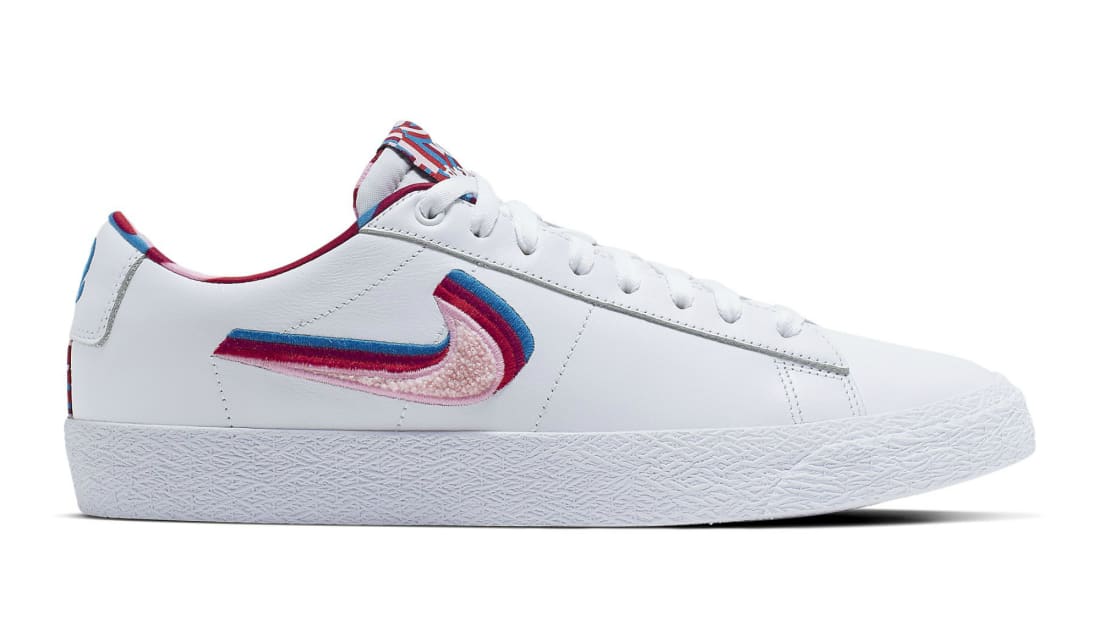 Parra x Nike SB Blazer Low White/Gym Red/Pink Rise/Military Blue | Nike | Release Dates, Sneaker Calendar, Prices Collaborations