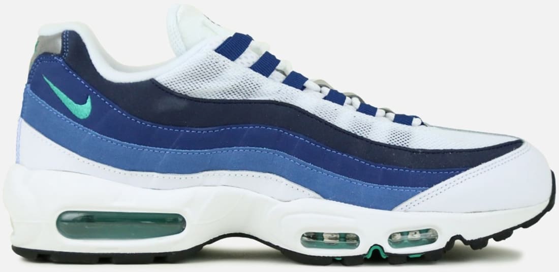 Green background to play Enrich Nike Air Max '95 OG White/Emerald Green-Court Blue-New Slate | Nike |  Release Dates, Sneaker Calendar, Prices & Collaborations