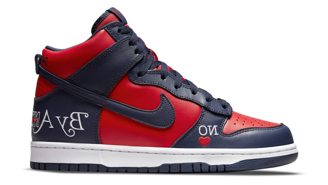 Supreme red nike skate shoes x Nike SB Dunk High Navy/Red | Nike | Release Dates
