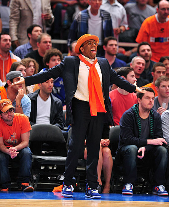 Spike Lee wearing Blue Knicks Jordan Spiz'ike Against Celtics