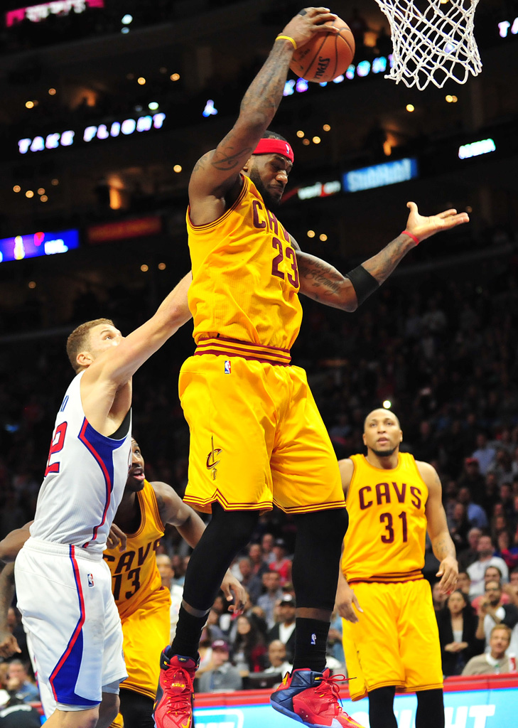 LeBron James wearing Red/Navy-Yellow Cavs Nike LeBron XII 12 PE (3)