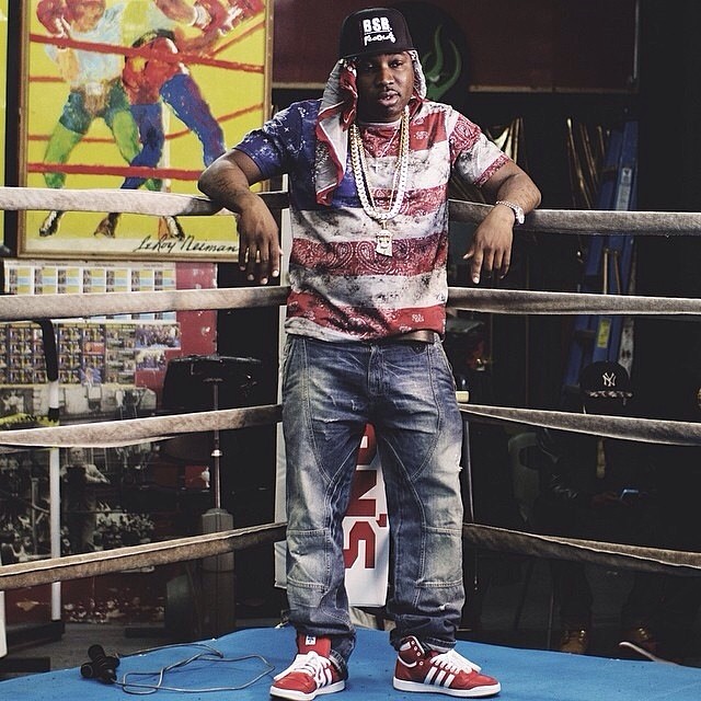 Troy Ave wearing adidas Originals Top Ten Hi