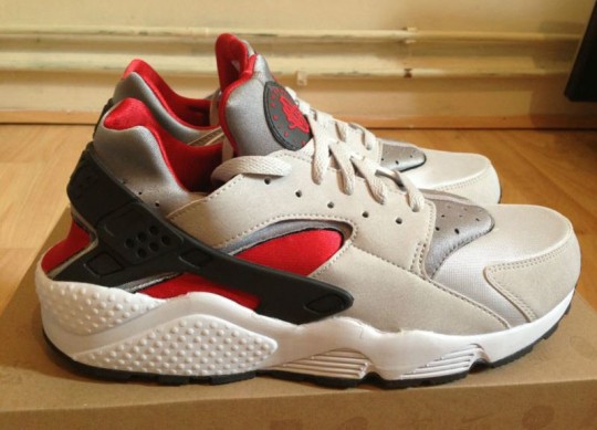 grey and red huaraches