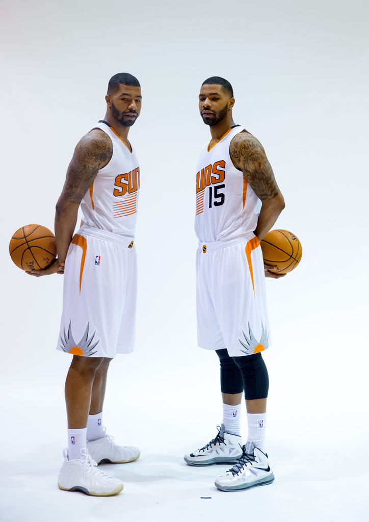 Markieff Morris wearing Nike Air Foamposite One White; Marcus Morris wearing NIKEiD LeBron X 10