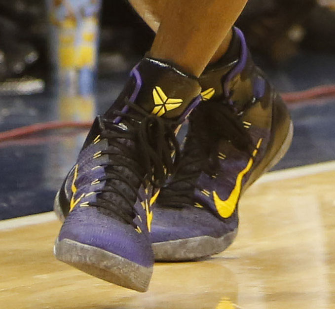 Kobe Bryant wearing Purple/Black-Gold Nike Kobe 9 Elite PE (4)