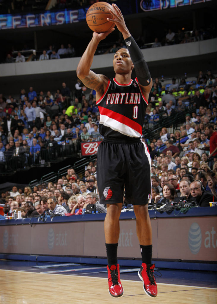 Damian Lillard wearing adidas Rose 773 Red